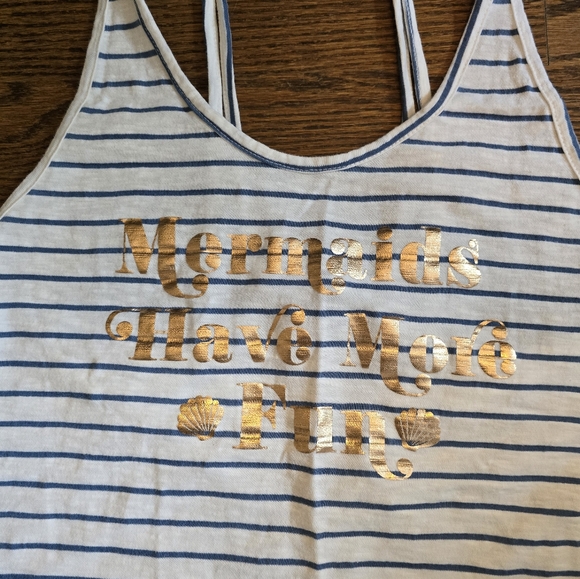 Miken L " Mermaids Have More Fun" Blue & White Striped Swim Cover-Up - Picture 2 of 4